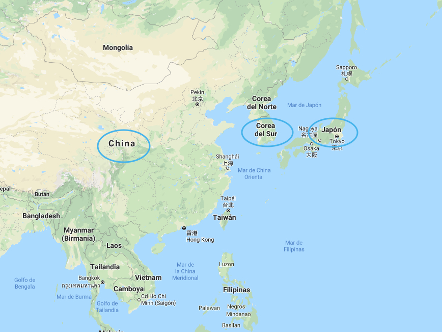 Mapa China, Japón y Corea del Sur