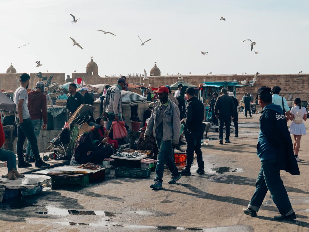 Ambiente local en el Puerto de Essaouira al atardecer